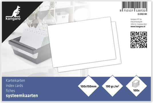 Kangaro systeemkaarten - 10x15cm - 190 grams blanco papier - 100 stuks - indexkaart - k-6102-wi