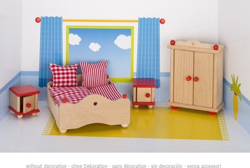 Afbeelding laden in galerijviewer, Goki poppenhuismeubeltjes serie 2: slaapkamer 4-delig, voor poppe
