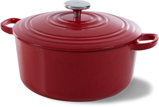 Bk bourgogne braadpan gietijzer 28cm 6.7l - inductie braadpan - gietijzeren braadpan - ovenbestendig tot 230 graden - deksel met druipringen - wit geëmailleerde binnenkant - chili red