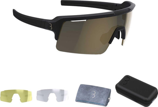 Bbb cycling fietsbril heren en dames fuse - fiets zonnebril met grote torische lens voor 100% uv bescherming - anti condens sportbril met 3 lichtgewicht lenzen en brillenkoker - mat zwart goud - bsg-65