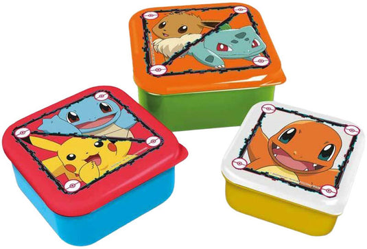 Stor pokémon 3-in-1 snackdoosjes - 3 formaten - vierkant - sluit goed af - lunchboxen voor kinderen - los deksel - geschikt voor koekjes, fruit en snacks - blauw geel groen