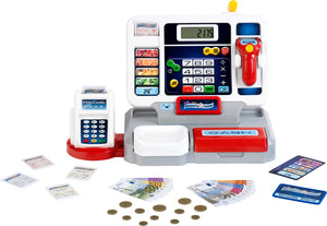 Klein toys elektronische kassa - afneembare tablet, rekenmachinefunctie, scanner, kaartlezer en een kassa vol speelgeld - 33,42x16,83x22,33 cm - incl. soundbar - grijs rood