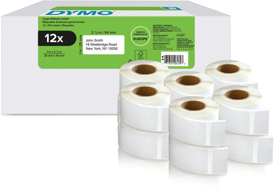 Dymo originele labelwriter adreslabels voor retouren | 25 mm x 54 mm | 12 met elk 500 labels (6.000 zelfklevende etiketten) | geschikt voor de labelwriter labelprinters | gemaakt in europa