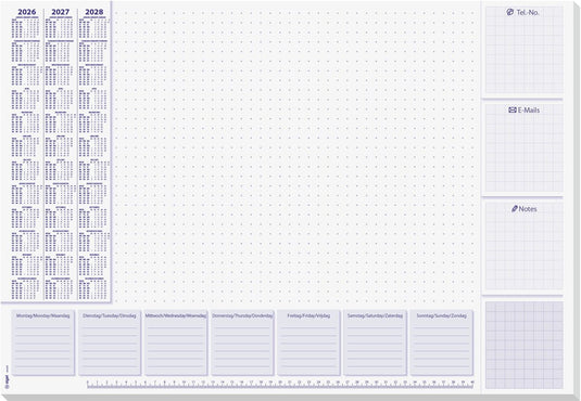 Sigel bureauonderlegger - lila - met kalender 2026 2027 2028 - formaat a2 - 30 vel afscheurbaar - si-h6355