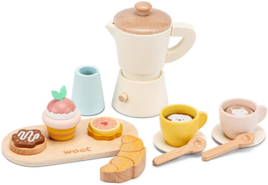 Woet ® houten percolator koffieset - 17-delige set inclusief kopjes, seveerplank, croissant, muffin en koekjes - fsc - rollenspel keukenspeelgoed - winkeltje spelen - barista speelgoed - vanaf 3 jaar
