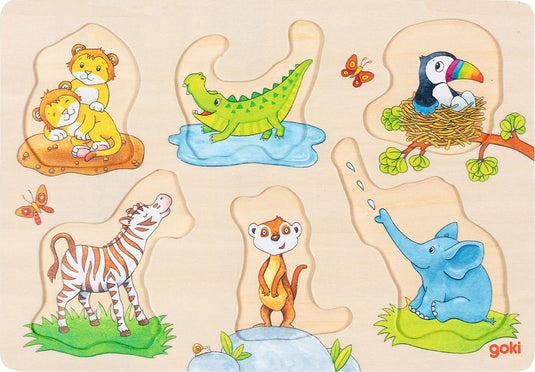 Goki houten achtergrond noppenpuzzel moeder en baby, 6st.