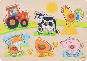 Goki houten noppenpuzzel op de boerderij, 6st.
