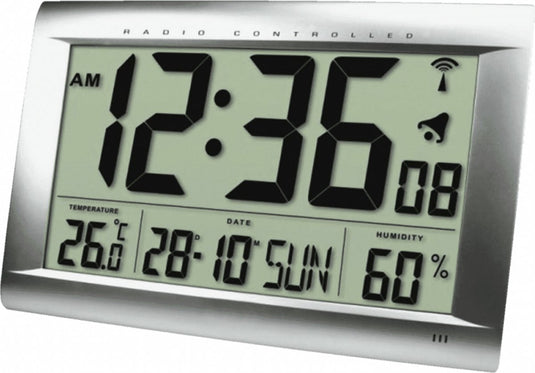 Technoline ws 8009 - wandklok - tafelklok - rechthoek - radiogestuurde tijdsaanduiding - 12 24h - datumaanduiding - alarm - binnentemperatuur - vochtigheid - zilverkelurig - 407 x 43 x 270 m