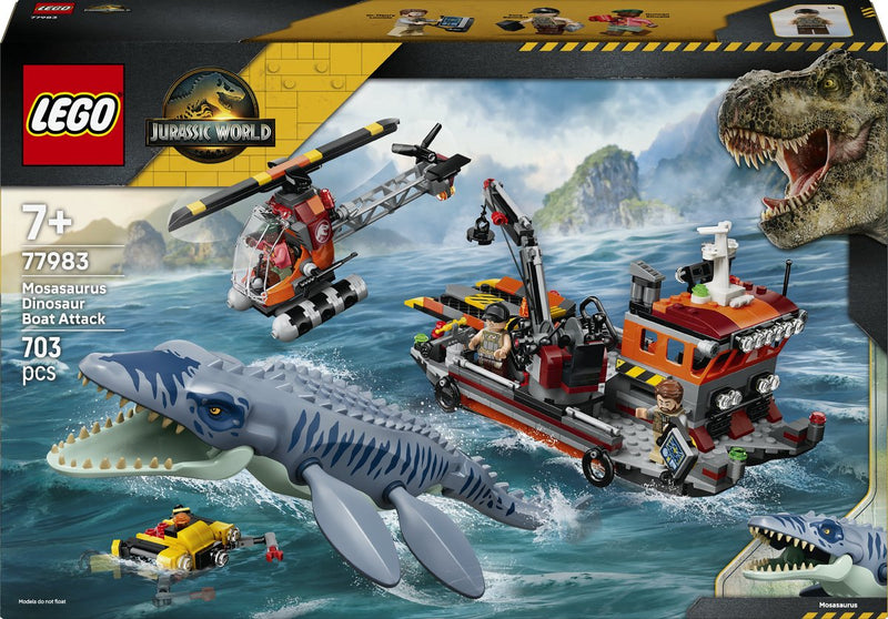 Afbeelding laden in galerijviewer, Lego jurassic world mosasaurus bootaanval dinosaurus speelgoed voor kinderen 77983
