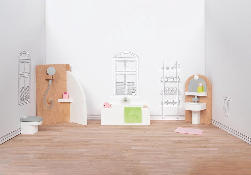Afbeelding laden in galerijviewer, Goki poppenhuismeubeltjes: design badkamer, 10-delig, 11,2x6,2x6cm (bad), beukenhout en stof, 3+
