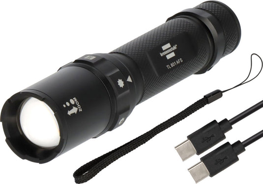 Brennenstuhl oplaadbare led-zaklamp tl 801 afs ip44 (800lm, 230m lichtbereik, focusseerbaar, max. 42u, 6 standen incl. sos stroboscoop, ip44-lampen voor buiten incl. usb c-oplaadkabel)