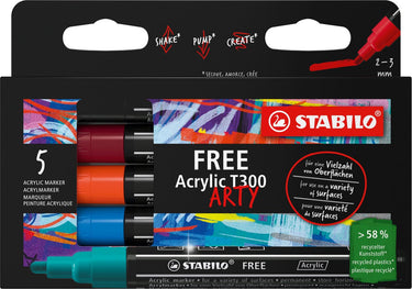 Stabilo free acrylic - acryl marker - t300 urban set - ronde punt 2-3 mm - etui met 5 kleuren