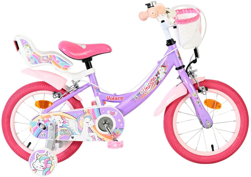 Afbeelding laden in galerijviewer, Volare unicorn kinderfiets - meisjes - 14 inch - paars - twee handremmen
