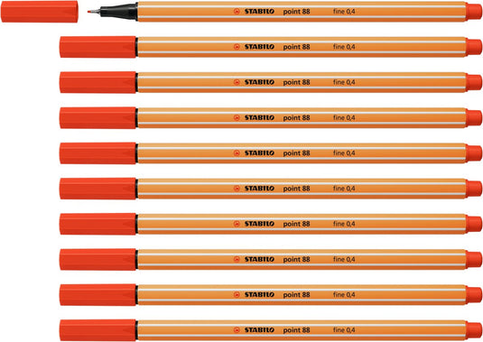 Stabilo point 88 - premium fineliner - fine 0,4 mm – rood– doos 10 stuks