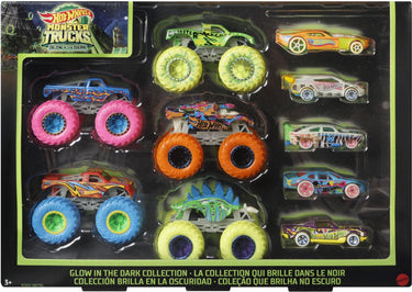 Hot wheels  monster trucks set met 10 speelgoedvoertuigen die licht geven in het donker