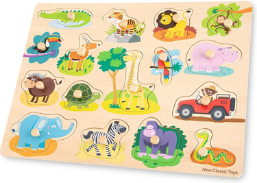 New classic toys ® houten grote knoppuzzel safari - 16 puzzelstukjes - fsc - houten puzzel met knopjes - educatief peuterspeelgoed - vanaf 24 maanden