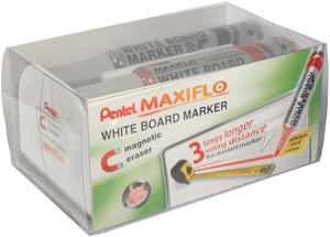 Pentel whiteboardmarker maxiflo set van 4 stuks: blauw | rood | groen en zwart + magnetische bordwisser