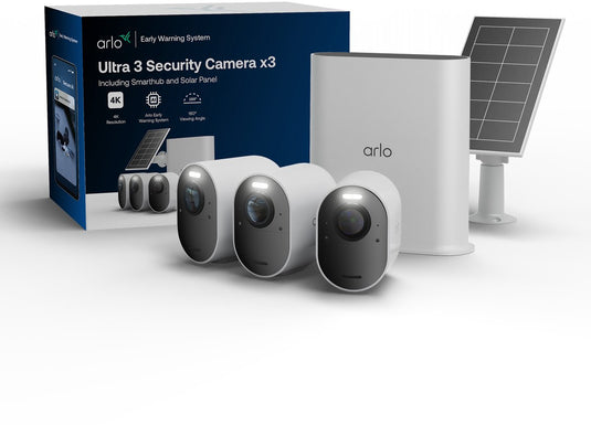 Arlo ultra3 4k beveiligingscamera + zonnepaneel - 3 cam kit (incl. smart hub)
