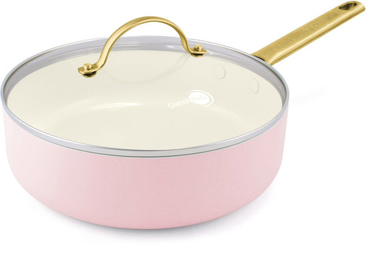 Greenpan padova roze keramische inductie hapjespan met deksel 24cm - pfas-vrij - inductie hapjespan - ovenbestendig tot 200°c - vaatwasserbestendig - rvs handgreep - met deksel – roze