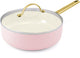 Greenpan padova roze keramische inductie hapjespan met deksel 24cm - pfas-vrij - inductie hapjespan - ovenbestendig tot 200°c - vaatwasserbestendig - rvs handgreep - met deksel – roze