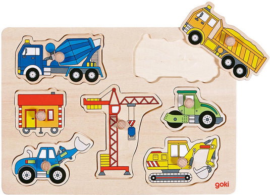 Goki houten noppenpuzzel - werkvoertuigen