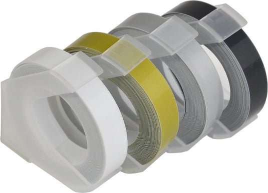 Desq ® lettertapes 9 mm | 4 stuks | 3mtr per tape | zwart, zilver, goud en transparant
