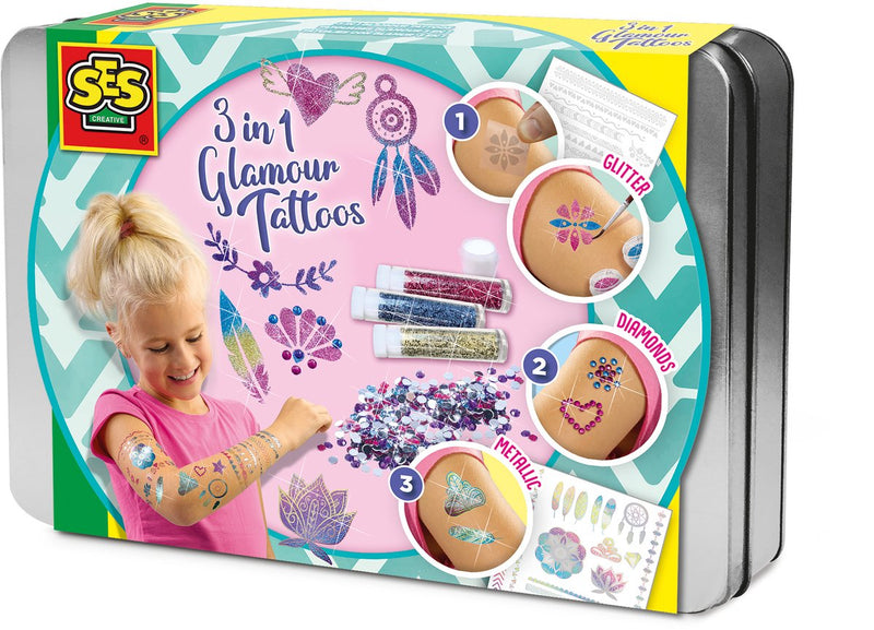 Afbeelding laden in galerijviewer, Ses creative - hobby pink - 3 in 1 glamour tattoos - knutselen meisjes - biologisch afbreekbaar - vanaf 5 jaar
