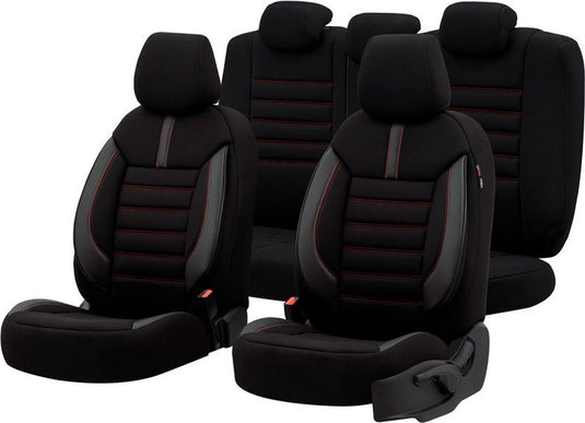 Otom universele stoffen leder stoelhoezenset 'limited' zwart + rode stiksels - 11-delig - geschikt voor side-airbags