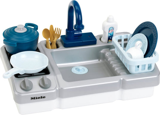 Klein toys miele speelgoed spoelbak met waterfunctie en kookplaat - blauw grijs