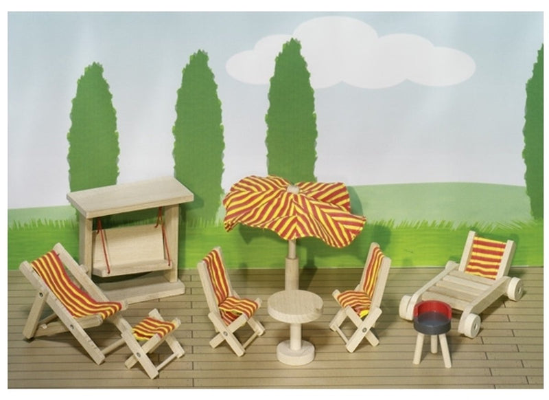 Afbeelding laden in galerijviewer, Goki poppenhuismeubeltjes serie 2: tuinmeubelen 9-delig, voor pop
