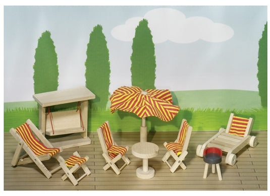 Goki poppenhuismeubeltjes serie 2: tuinmeubelen 9-delig, voor pop