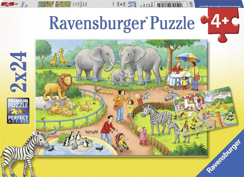 Cargue la imagen en el visor de la galería, Ravensburger puzzel een dag in de dierentuin - 2x24 stukjes - kinderpuzzel
