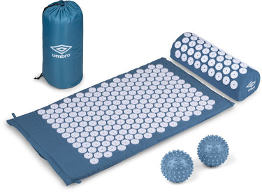 Umbro spijkermat met kussen en massageballen - massagemat voor ontspanning - shakti mat original met draagtas - acupressuur mat voor nek, rug en voeten - 71 x 42 cm blauw