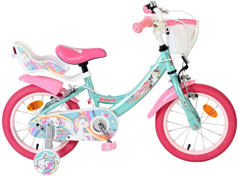 Afbeelding laden in galerijviewer, Volare unicorn kinderfiets - meisjes - 14 inch - groen - twee handremmen

