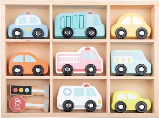 Lelin toys lelin® houten voertuigenset 9 delig – houten speelgoed met auto’s en voertuigen – educatief speelgoed – vanaf 18 maanden