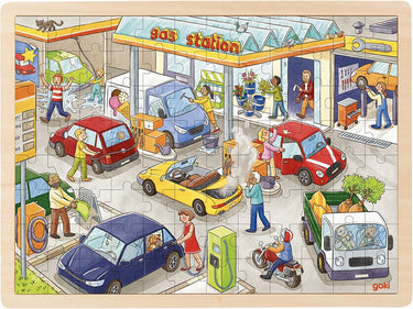 Goki puzzel: tankstation 40x30x0,8cm, 96-delig, hout, 3+
