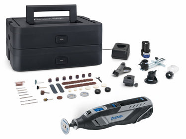 Dremel 8250-5 65 platinum+ - multitool - inclusief 2x 12v 2.0 ah accu - 65 accessoires - detailhandgreep - lijn-en circkelgeleider - bewerkingsplatform - comfort guard hulpstuk - frees hulpstuk - lader -