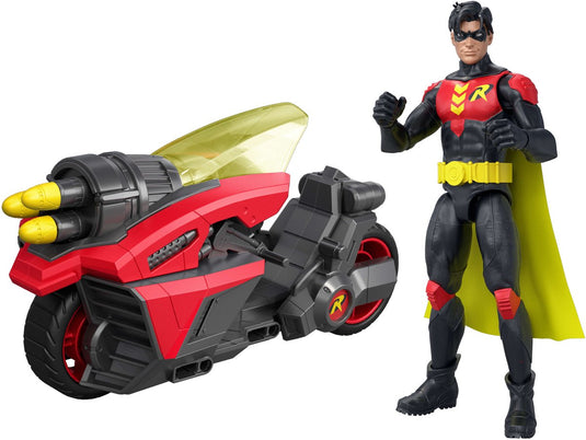 Mattel dc premier robin figuur en motorfiets van 16,5 cm met projectiellancering