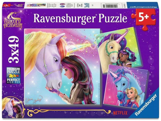 Ravensburger kinderpuzzle 3x49 teile - unicorn academy - magie und freundschaft