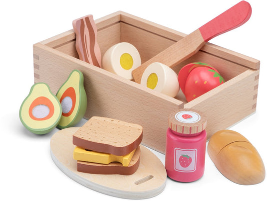 Woet ® houten snijset ontbijt in opbergdoos - speelset ontbijt met snijplank brood, kaas, ei en fruit - educatief speelgoedeten - rollenspel keukenspeelgoed - vanaf 2 jaar