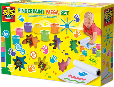 Ses creative - vingerverf mega set 6 kleuren x 110ml - inclusief papier rol 2 meter lang – vrolijke kleuren