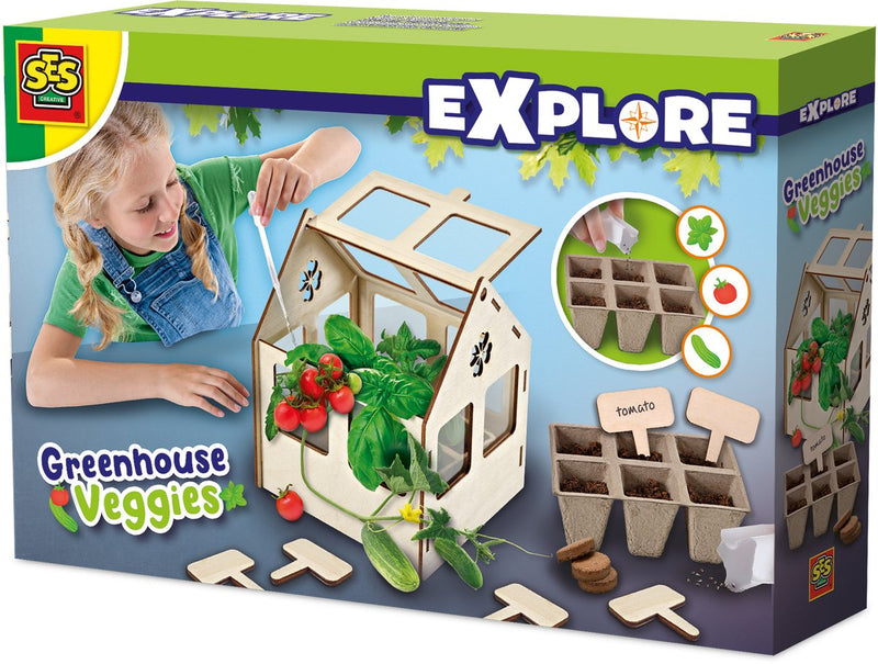 Afbeelding laden in galerijviewer, Ses creative - explore - broeikas met groenten - kweek je eigen tomaat, basilicum en komkommer - echt houten broeikas – experimenteerdozen – mini moestuin voor kinderen
