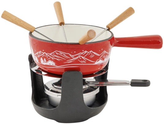 Cosy trendy aspen fondueset gietijzer ø14 cm - rood - incl. brander 4 vorkjes - 4 personen