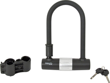 Dresco beugelslot - dikke 16mm u-beugel - van gehard staal – dubbele vergrendeling -binnenmaat 100mm breed 190mm hoog - speciale coating voorkomt beschadigingen - verzonken cilinder – snel sluiting - met framebevestiging 2 opvulringen