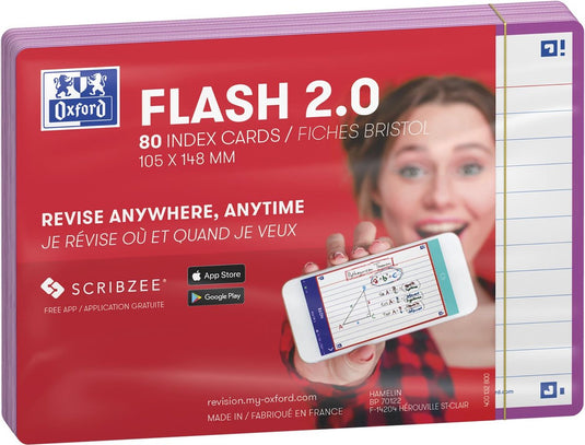 Oxford flash 2.0 - flashcards - gelijnd - a6 - licht paarse rand - 80 stuks