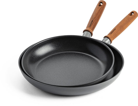 Greenpan mayflower pro keramische 2-delige pannenset - 20 en 28 cm - inductie pannenset - inductie koekenpannenset - koekenpan 20 cm - koekenpan 28cm - pfas-vrij - grijs - houten handvat