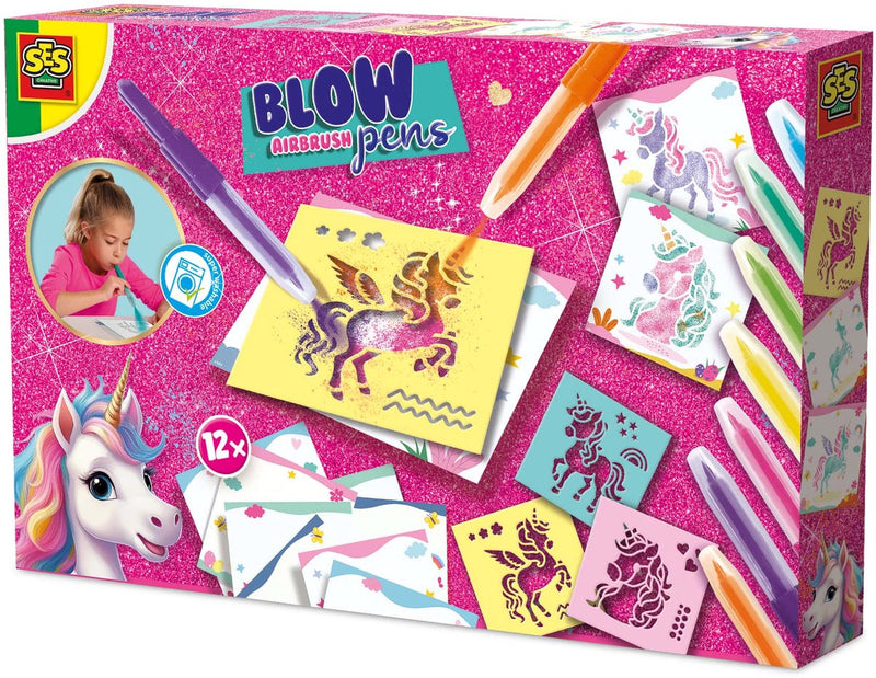 Afbeelding laden in galerijviewer, Ses creative - unicorn - blow airbrush pens - knutselen meisjes - 12 kleurkaarten - wasbaar uit kleding - vanaf 5 jaar
