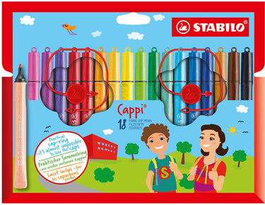 Stabilo cappi - viltstift - nooit meer je dop kwijt dankzij de dopring - etui met 18 kleuren + 2 dopringen