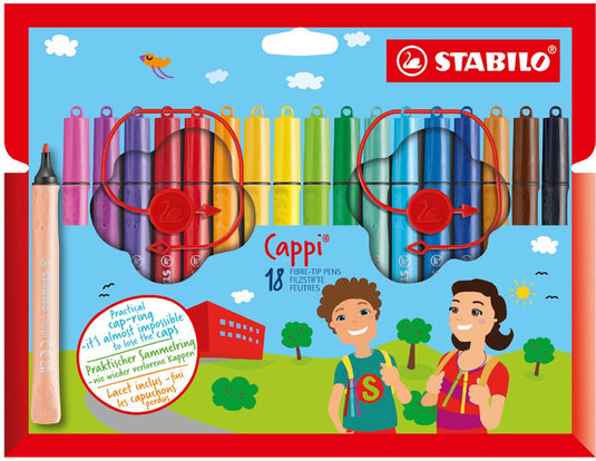 Stabilo cappi - viltstift - nooit meer je dop kwijt dankzij de dopring - etui met 18 kleuren + 2 dopringen