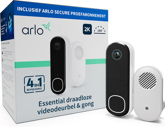 Arlo 2k draadloze video deurbel met camera gong, 1 deubelset, wit
